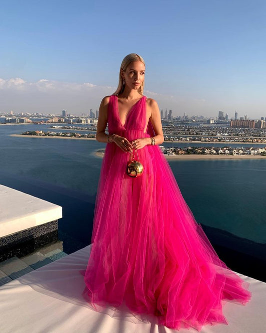 Pink V-neck contrast color long shoulder strap tulle long ball gown prom dress evening dress gh3067s mysite