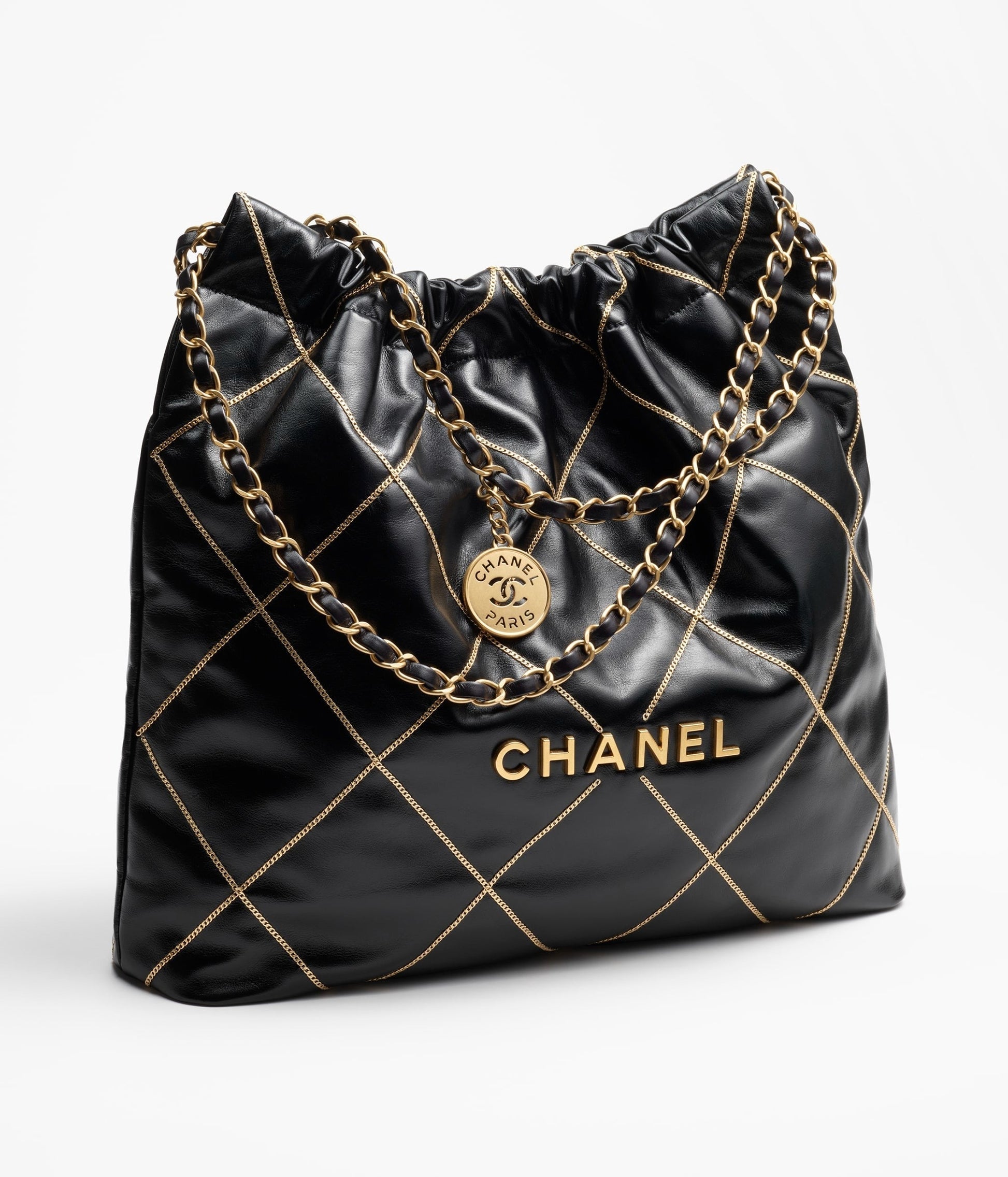 Chanel 22 Handbag 23B Shiny Calfskin Black Chain Quilt 35  x 37 x 7 cm mysite