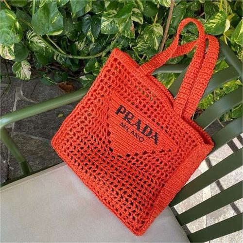 Prada Women's Natural Crochet Tote Bag-Orange mysite