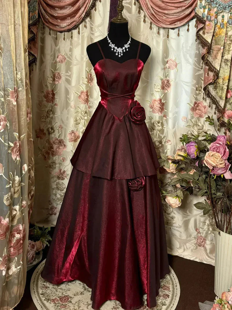 kovadresss-Burgundy Shiny Floral Spaghetti Strap Vintage Dress Floor-Length Ball Gown Prom Dress gh5671s mysite