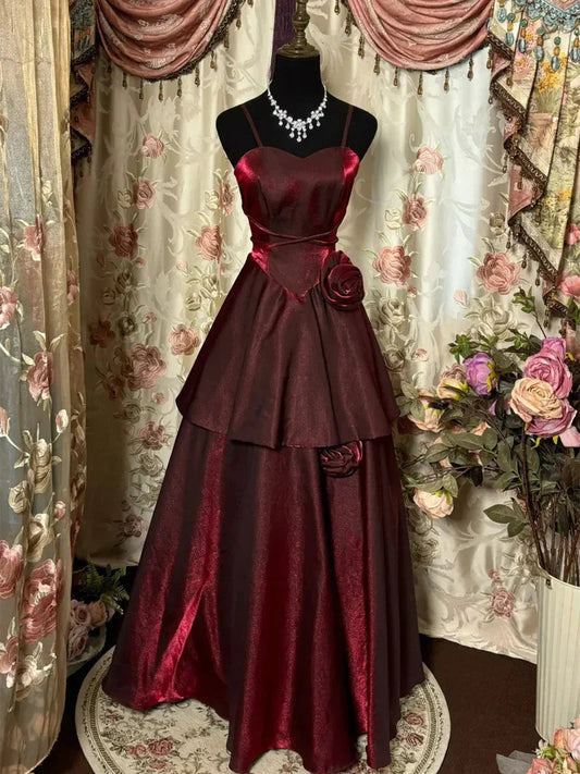 kovadresss-Burgundy Shiny Floral Spaghetti Strap Vintage Dress Floor-Length Ball Gown Prom Dress gh5671s mysite