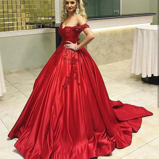 Red Sweetheart Off Shoulder Satin With Appliques Ball Gown Prom Dressess mysite
