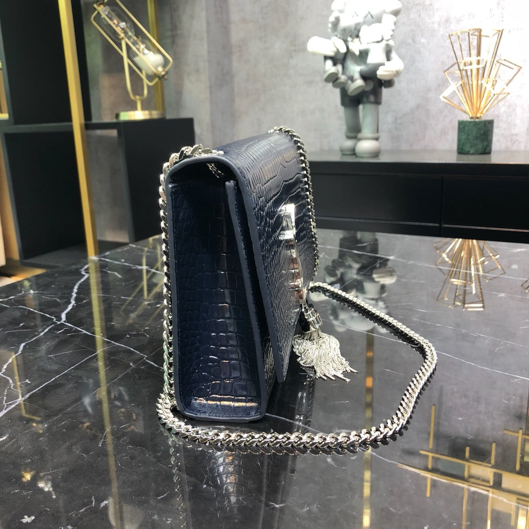 KATE TASSEL 24 IN NAVY BLUE CROCODILE PATTERN CALFSKIN SILVER HARDWARE mysite