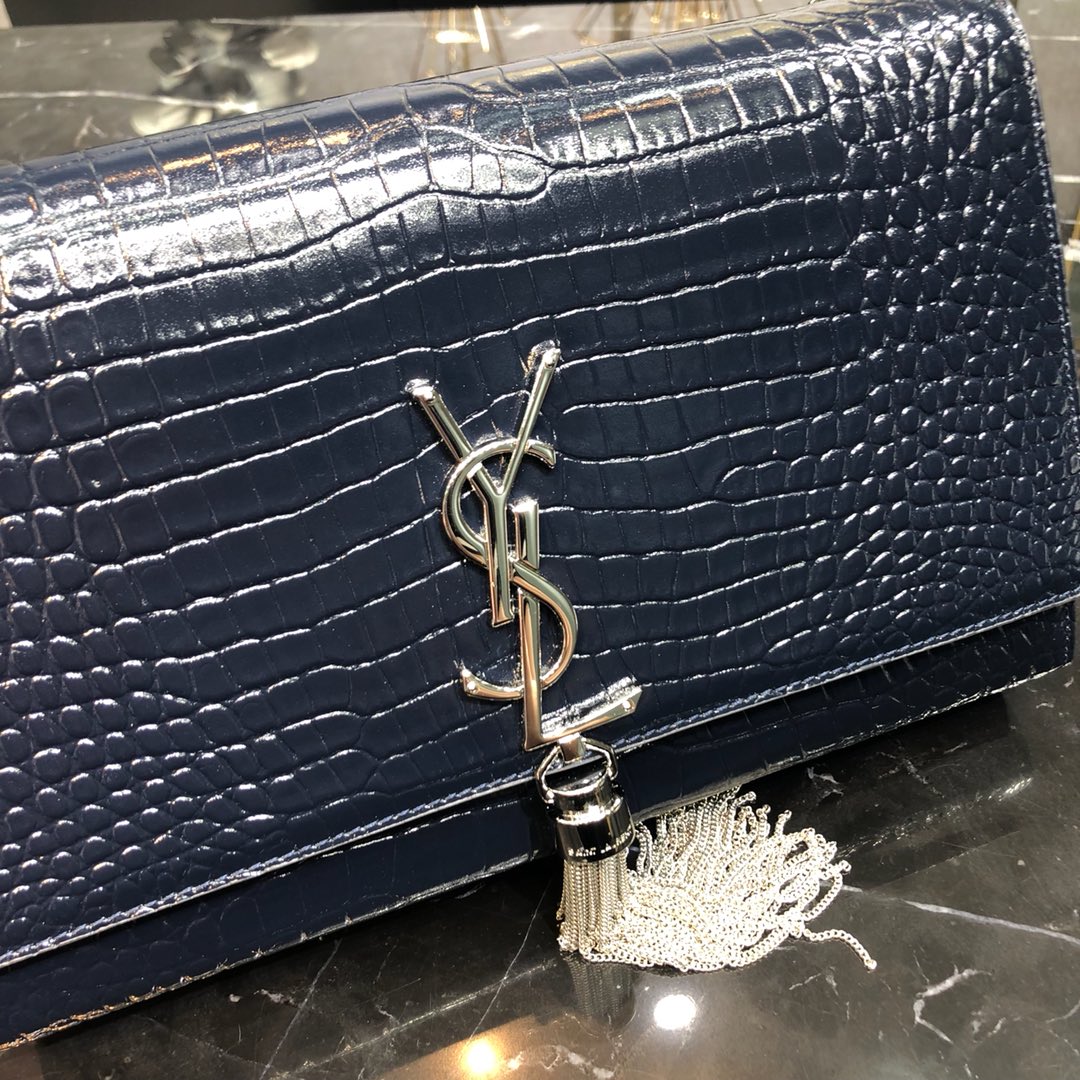 KATE TASSEL 24 IN NAVY BLUE CROCODILE PATTERN CALFSKIN SILVER HARDWARE mysite