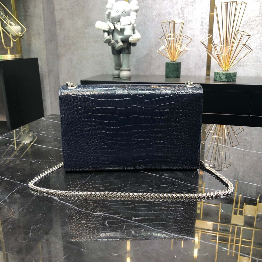 KATE TASSEL 24 IN NAVY BLUE CROCODILE PATTERN CALFSKIN SILVER HARDWARE mysite