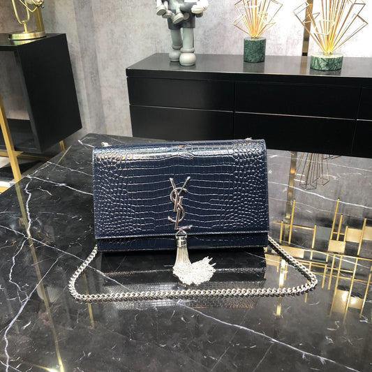 KATE TASSEL 24 IN NAVY BLUE CROCODILE PATTERN CALFSKIN SILVER HARDWARE mysite