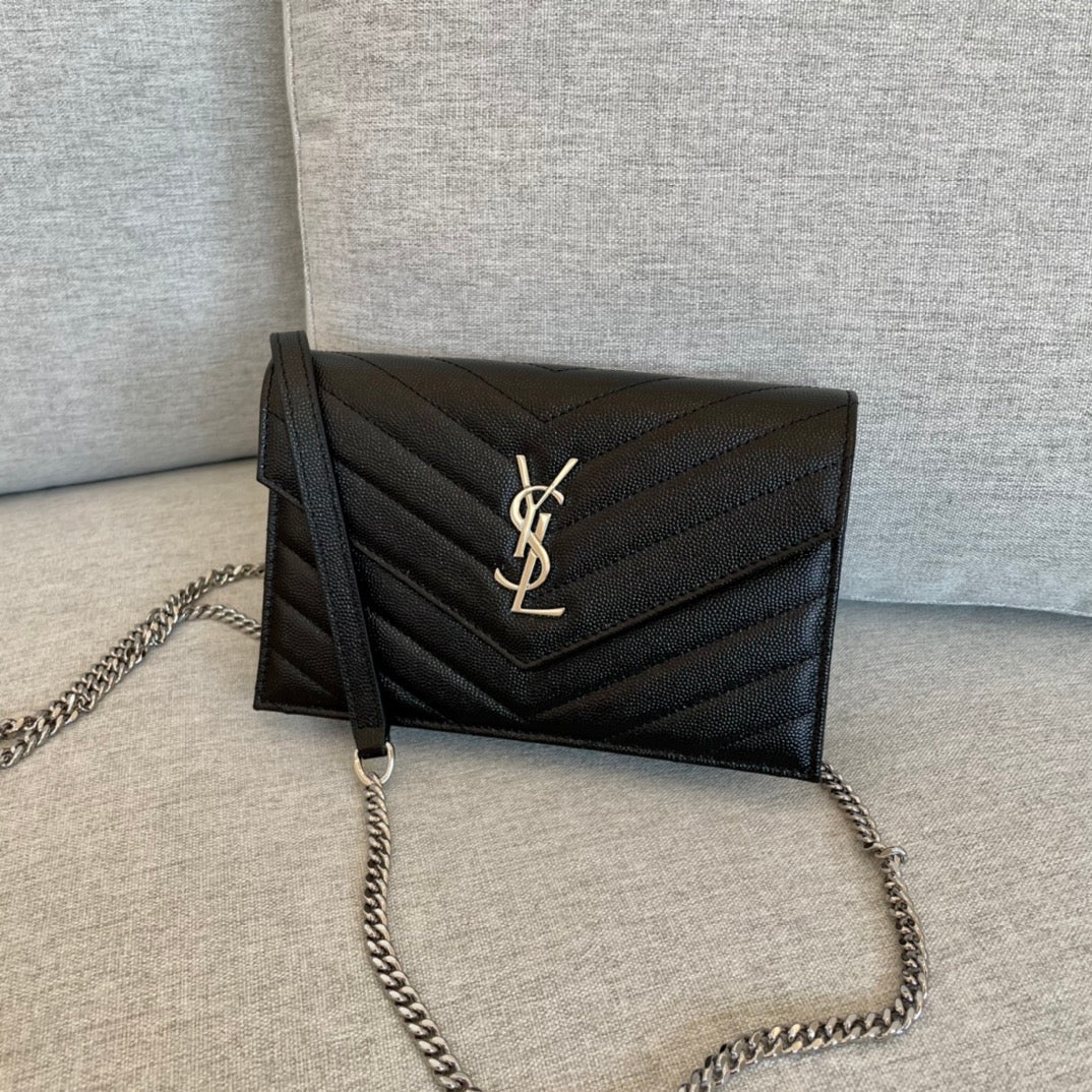 YSL  Cassandre Envelope Chain Wallet Black Grain Leather 19x11.5x4 cm mysite