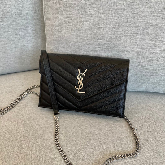 YSL  Cassandre Envelope Chain Wallet Black Grain Leather 19x11.5x4 cm mysite