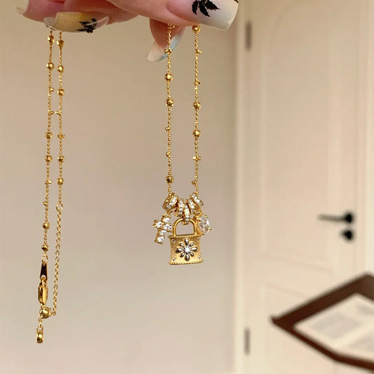 Elegant Cross & Lock Pendant Necklace – Dainty Gold Chain with Crystal Charms mysite