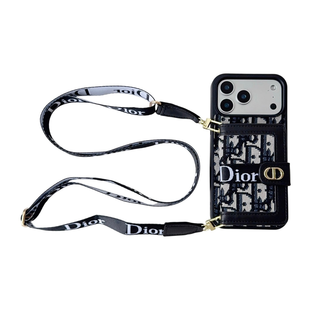 Dior Leather Phone Case With Card Wallet And Strap For iPhone 17 / 16 / 15 / 14s mysite