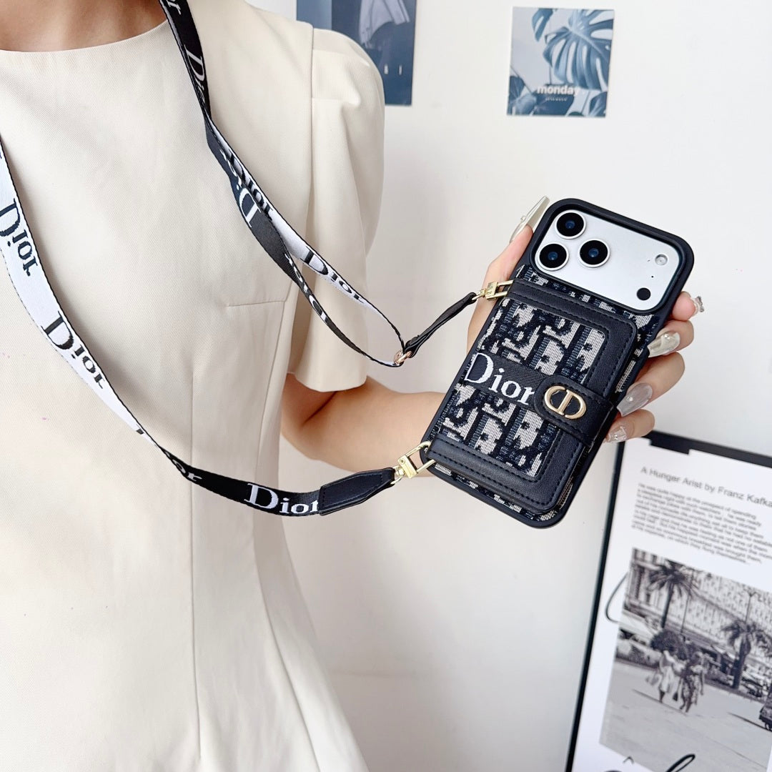 Dior Leather Phone Case With Card Wallet And Strap For iPhone 17 / 16 / 15 / 14s mysite