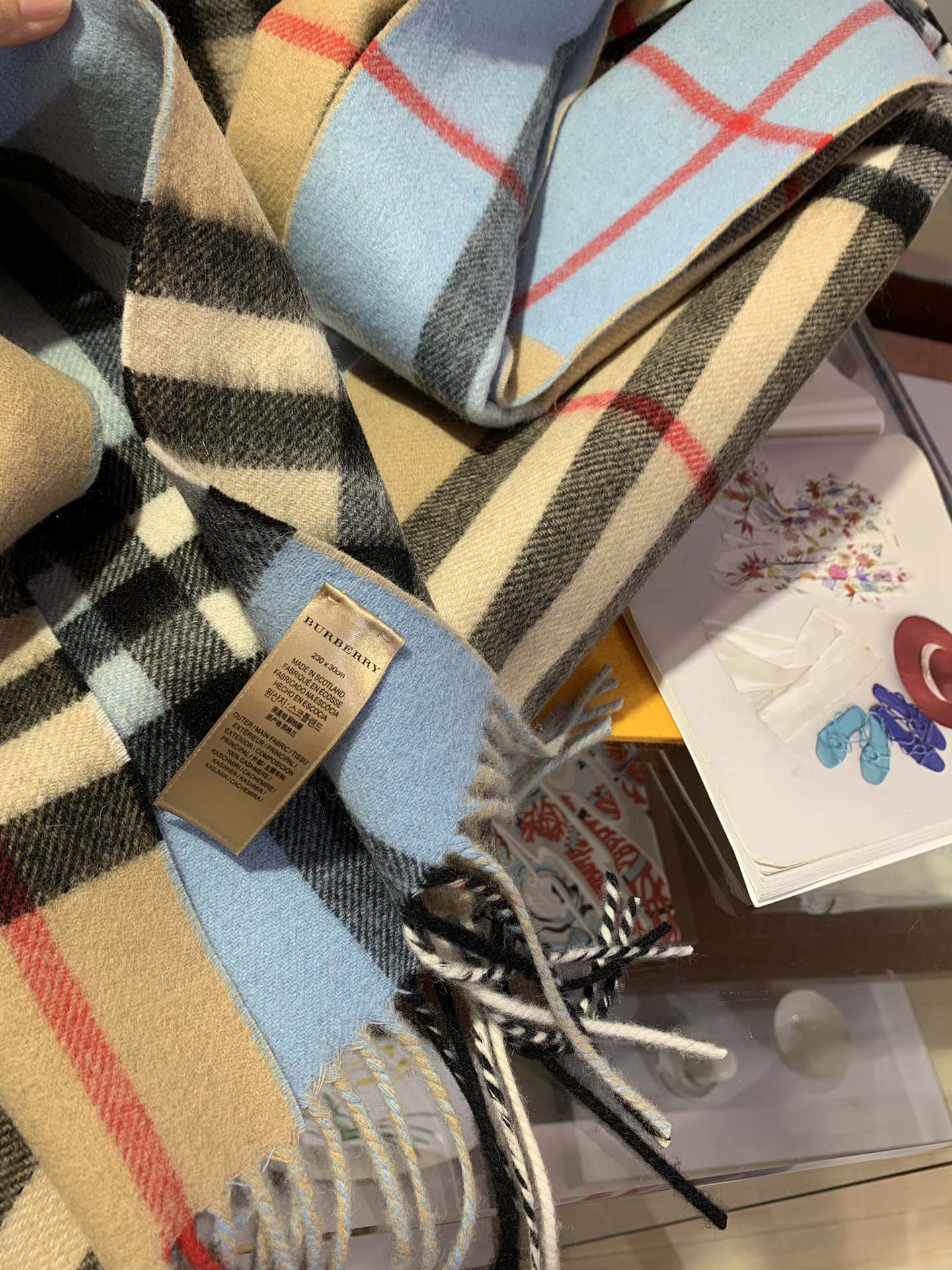 LONG SCARF 250 CM IN SKY BLUE AND BEIGE CASHMERE 410472 mysite