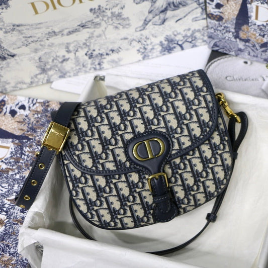 MEDIUM CD BOBBY 22CM BLUE OBLIQUE EMBROIDEDERED CANVAS GOLD HARDWARE mysite