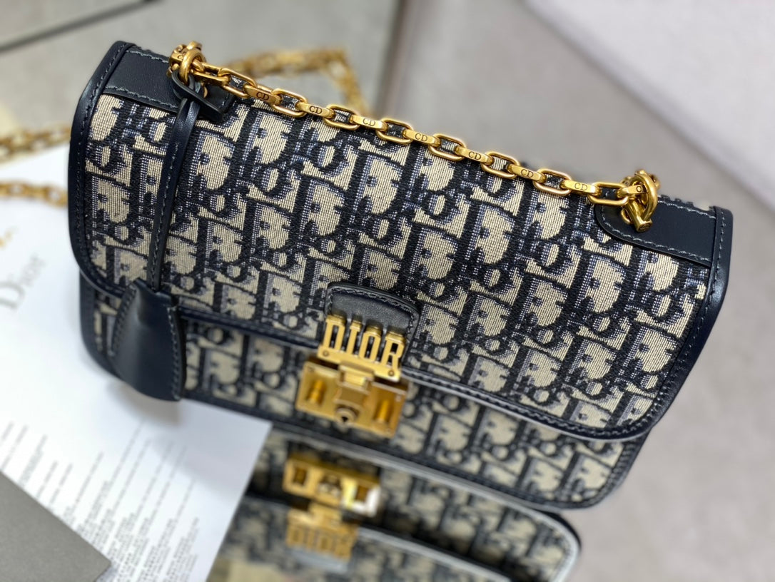 CD embroidered chain bag 24 dark blue leather cotton mysite