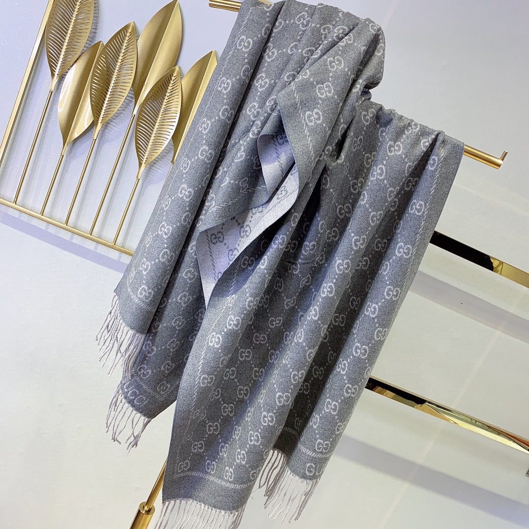 JACQUARD PATTERN KNIT SCARF 180 CM IN COOL GRAY WOOL 402421 mysite