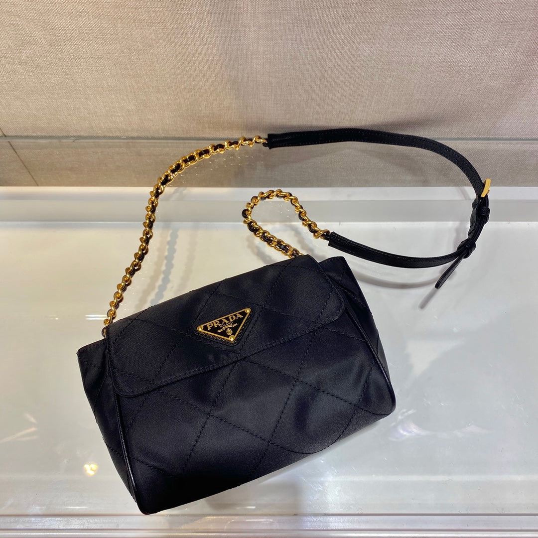 SMALL QUILTED FLAP BAG 18 IN BLACK RE-NYLON FABRIC GOLD CHAIN mysite
