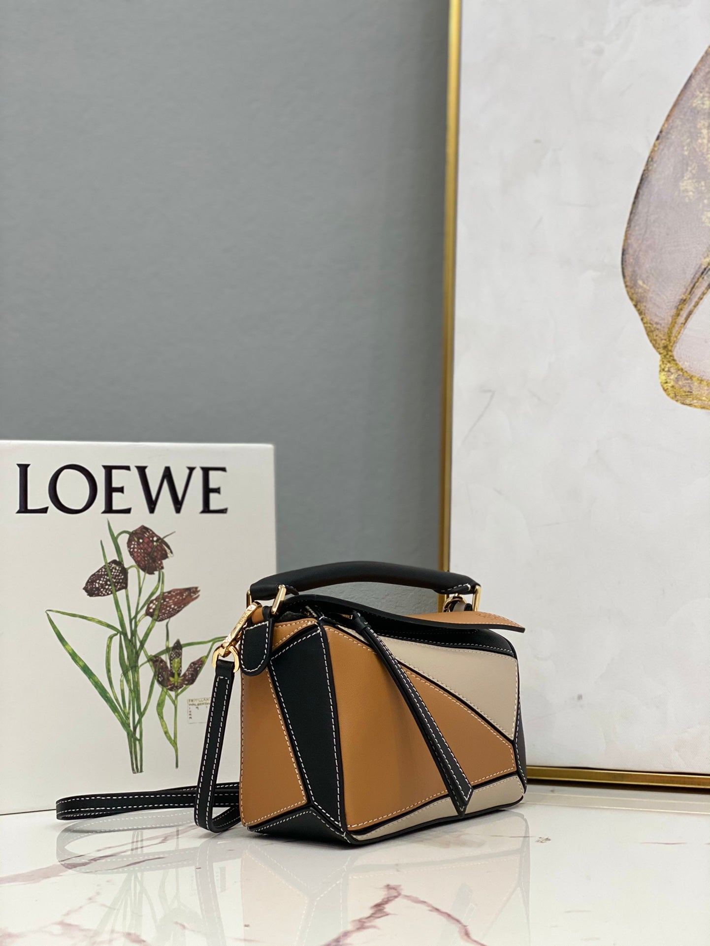 LOE MINI 18 PUZZLE BAG IN BROWN MIX BEIGE AND BLACK CALFSKIN mysite