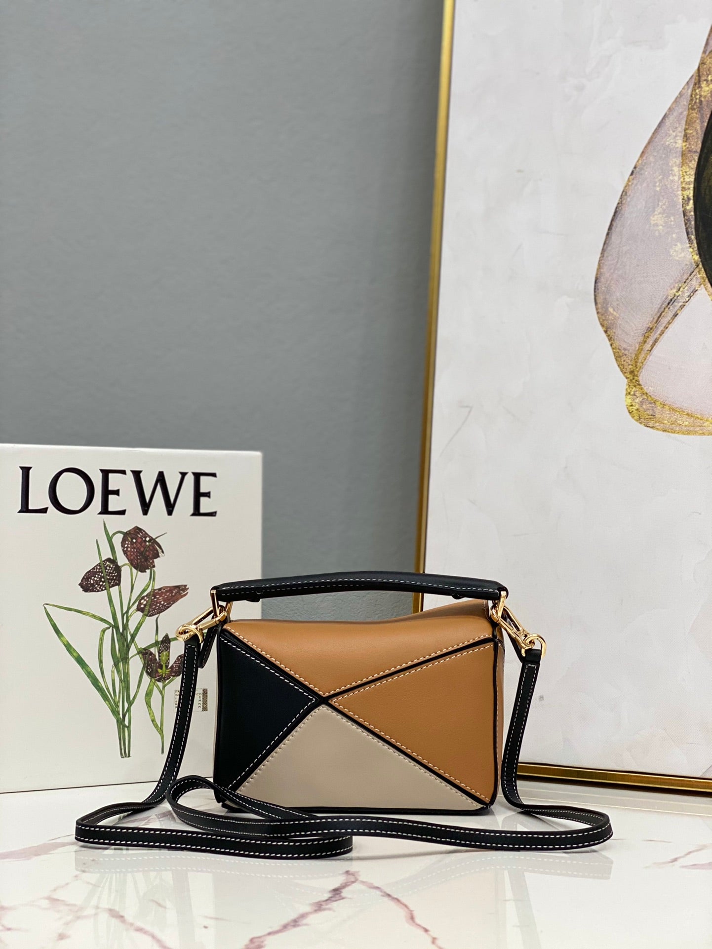 LOE MINI 18 PUZZLE BAG IN BROWN MIX BEIGE AND BLACK CALFSKIN mysite
