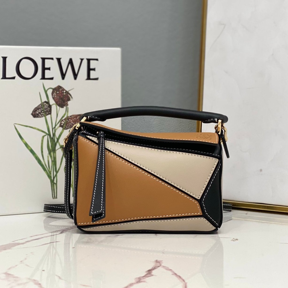 LOE MINI 18 PUZZLE BAG IN BROWN MIX BEIGE AND BLACK CALFSKIN mysite