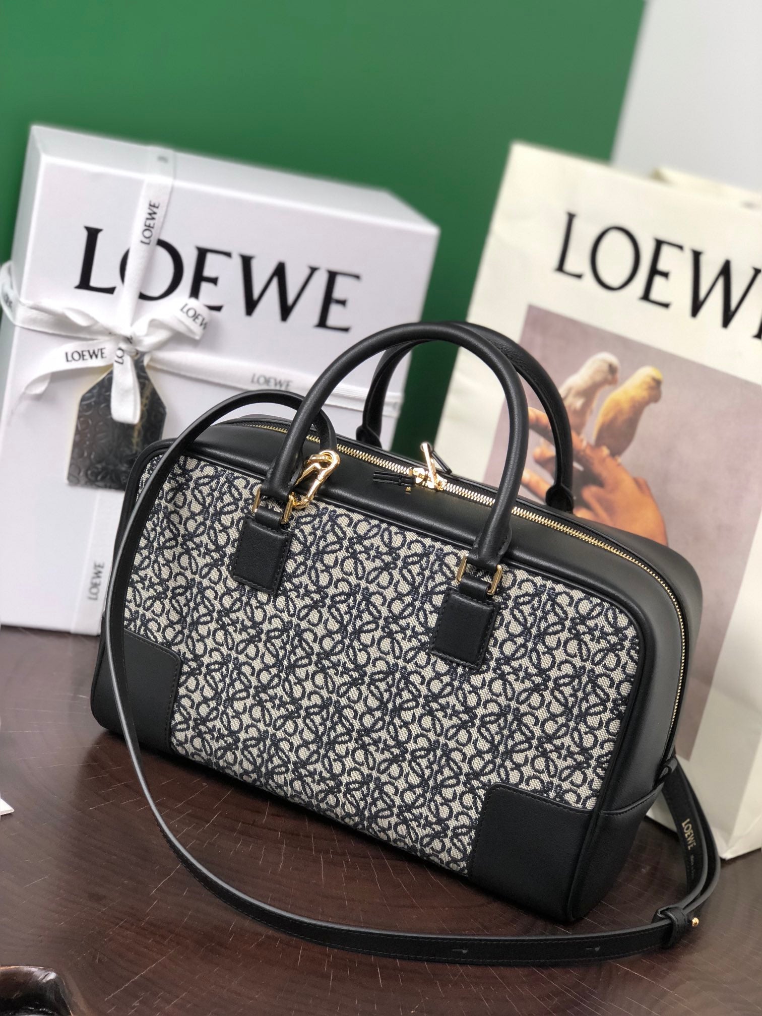LOE AMAZONA 28 BAG IN BLACK CALFSKIN AND BEIGE MONOGRAM FABRIC mysite