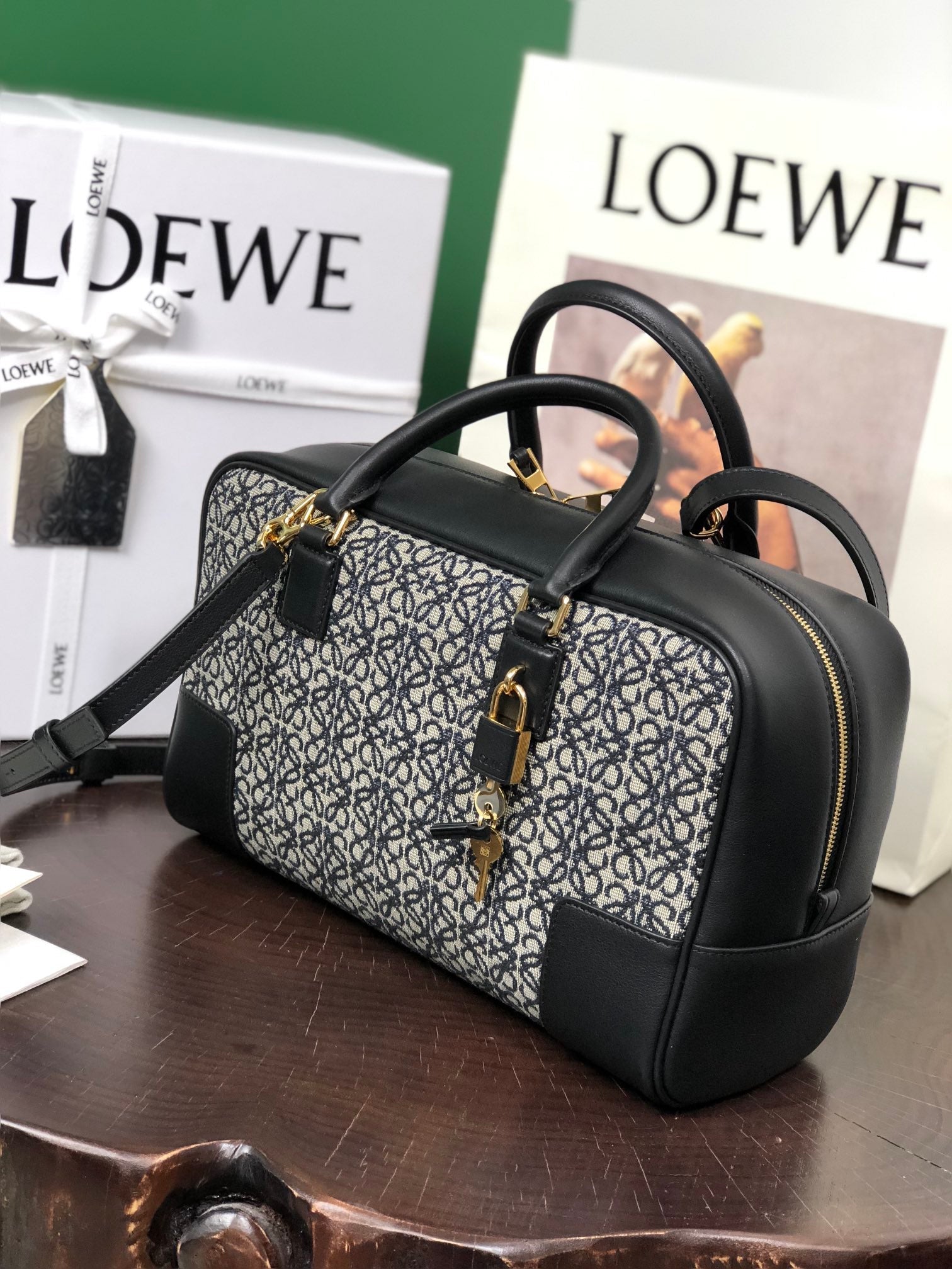 LOE AMAZONA 28 BAG IN BLACK CALFSKIN AND BEIGE MONOGRAM FABRIC mysite
