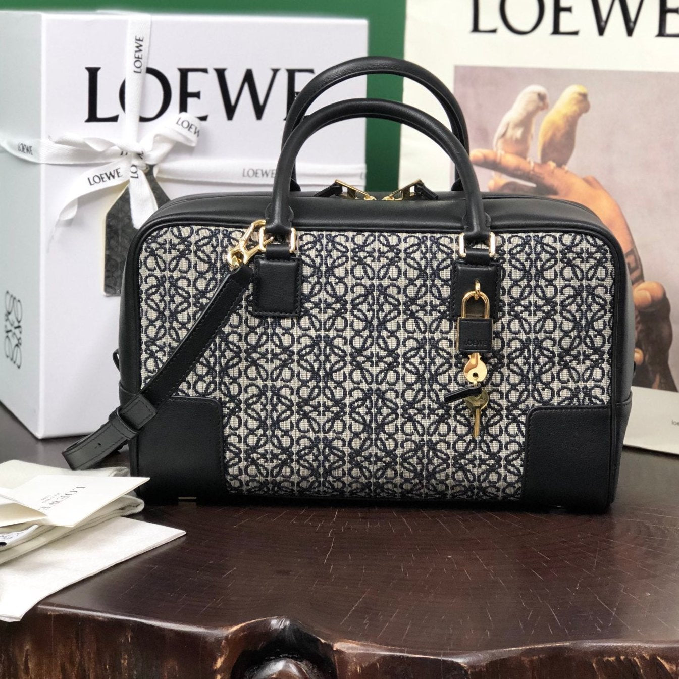 LOE AMAZONA 28 BAG IN BLACK CALFSKIN AND BEIGE MONOGRAM FABRIC mysite