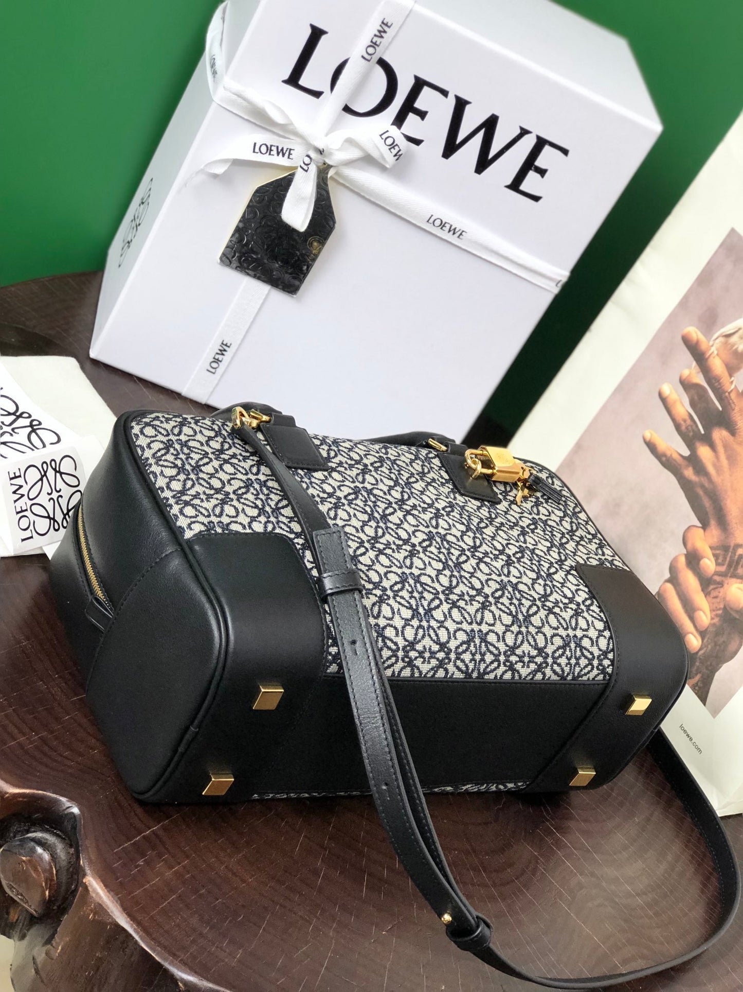 LOE AMAZONA 28 BAG IN BLACK CALFSKIN AND BEIGE MONOGRAM FABRIC mysite