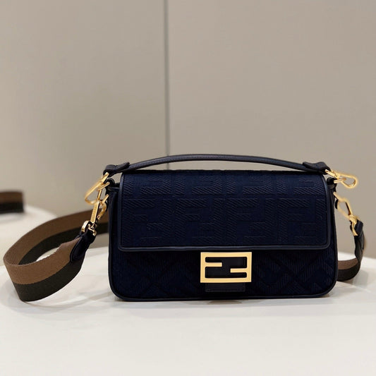 BAGUETTE WITH FF MOTIF 27 IN NAVY BLUE JACQUARD FABRIC GOLD HARDWARE mysite