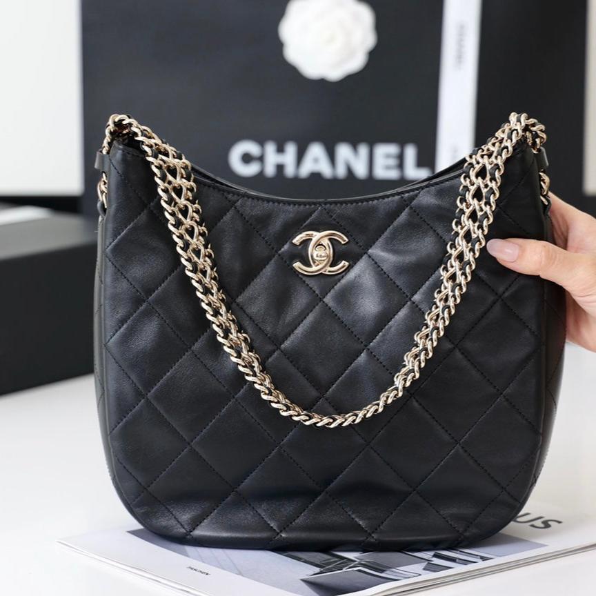 cc hobo bag 26cm black lambskin silver hardware mysite