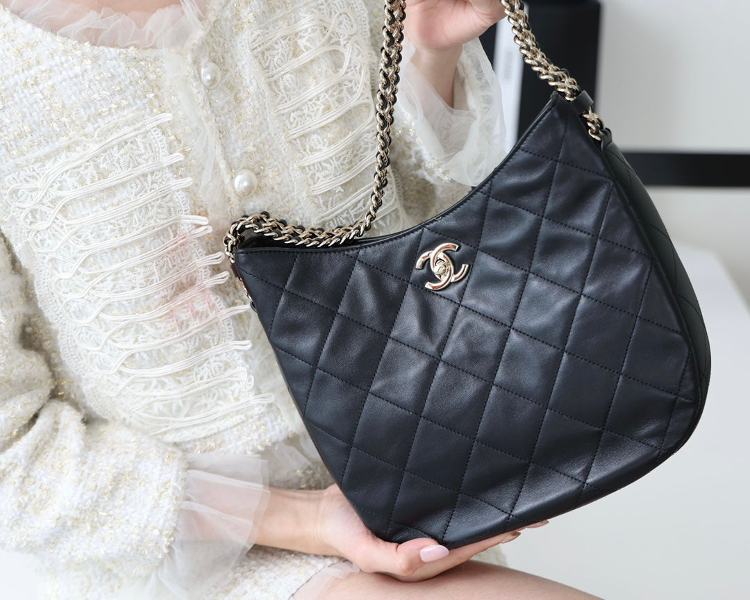 cc hobo bag 26cm black lambskin silver hardware mysite