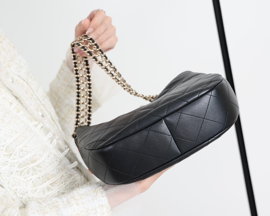 cc hobo bag 26cm black lambskin silver hardware mysite
