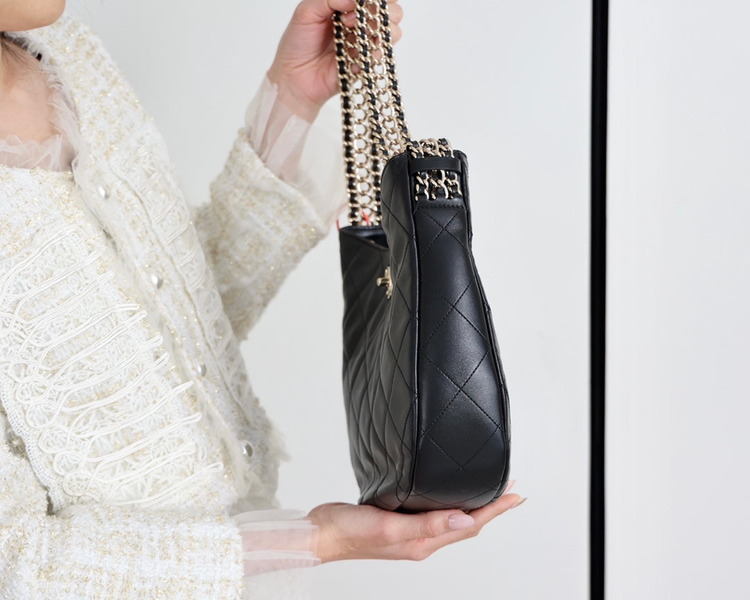 cc hobo bag 26cm black lambskin silver hardware mysite