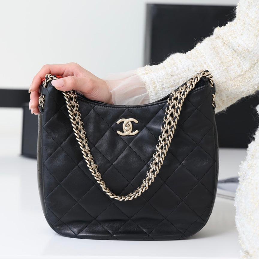 cc hobo bag 26cm black lambskin silver hardware mysite