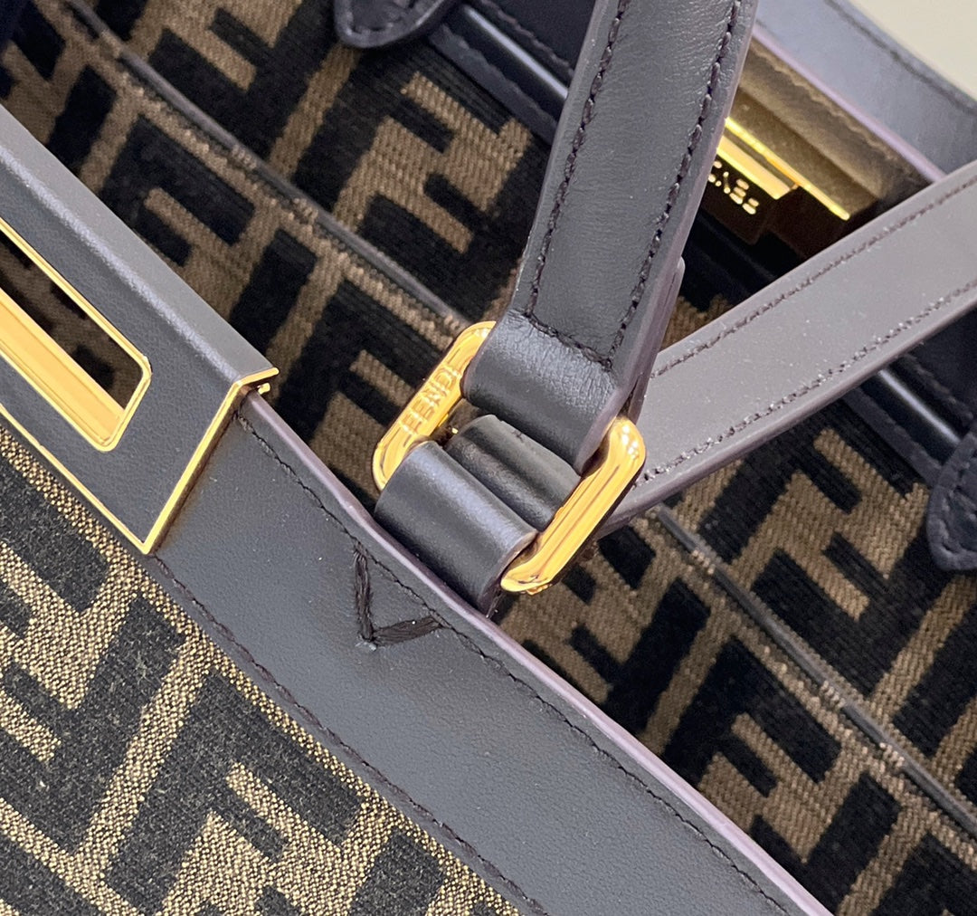 FENDI TOTE 41 BAG IN BROWN MIX BLACK MONOGRAM CANVAS GOLD HARDWARE mysite