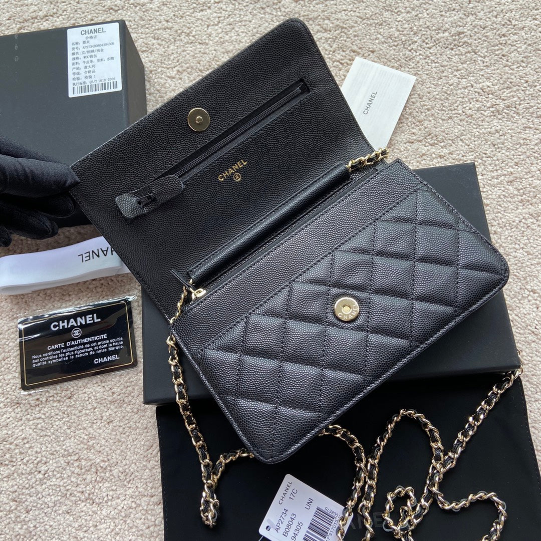 CC Classic Woc 20cm Black Grained Calfskin Diamond Gold Hardware mysite