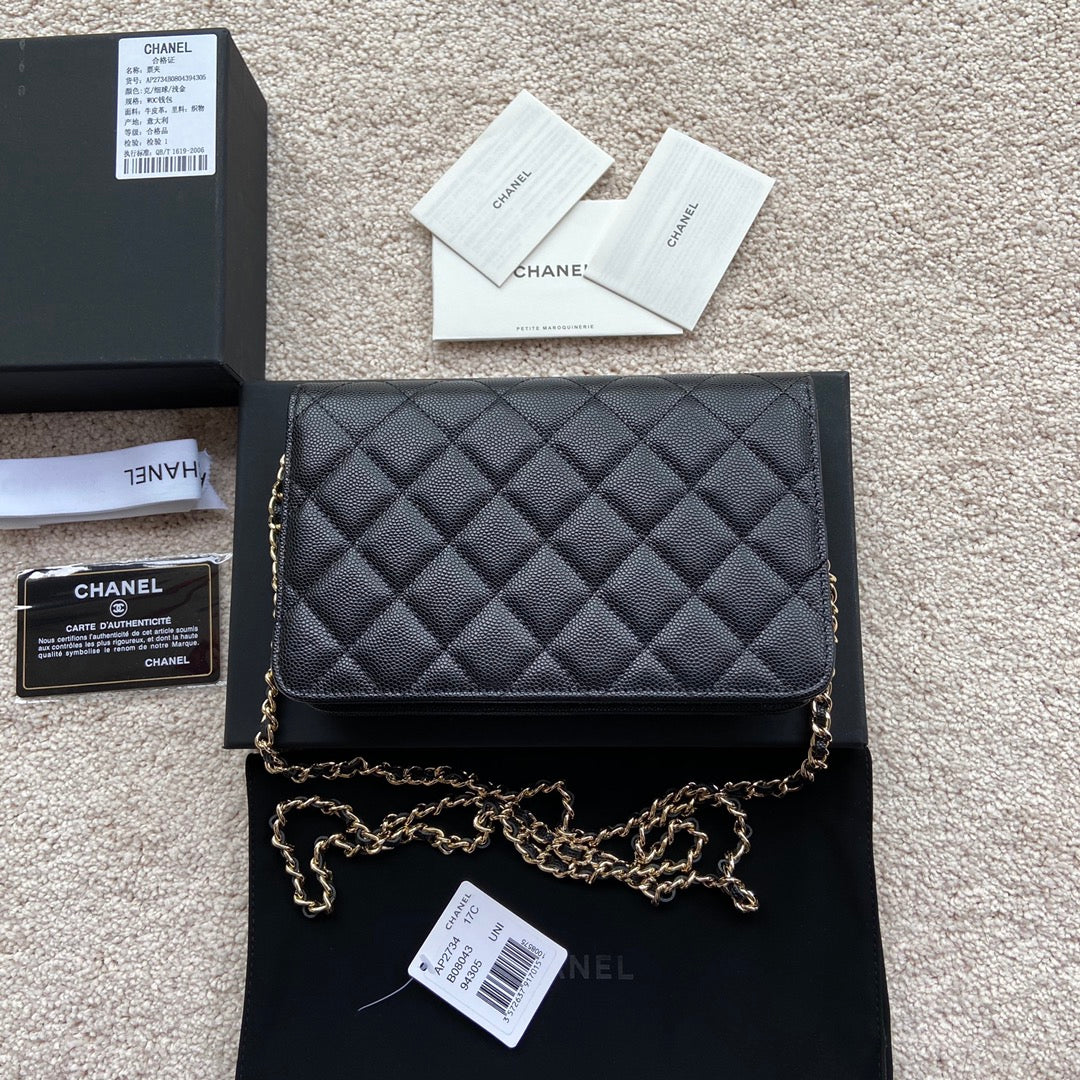 CC Classic Woc 20cm Black Grained Calfskin Diamond Gold Hardware mysite