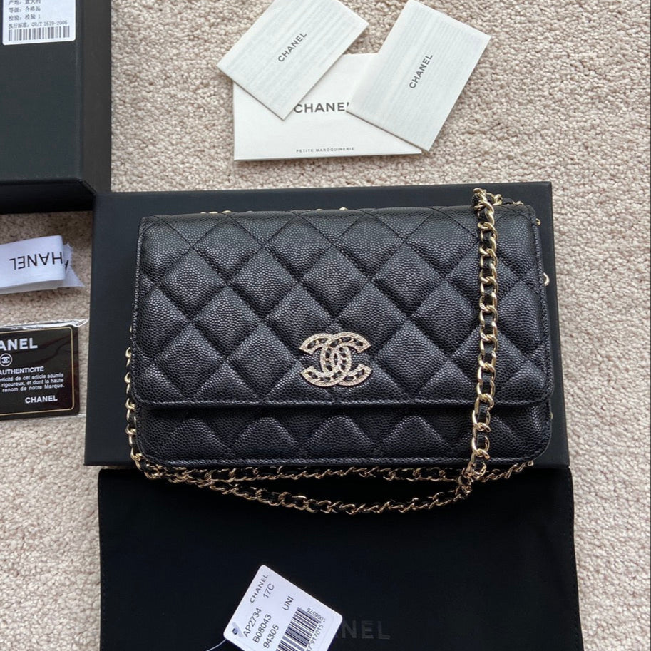 CC Classic Woc 20cm Black Grained Calfskin Diamond Gold Hardware mysite