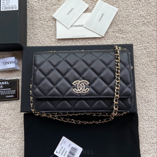 CC Classic Woc 20cm Black Grained Calfskin Diamond Gold Hardware mysite