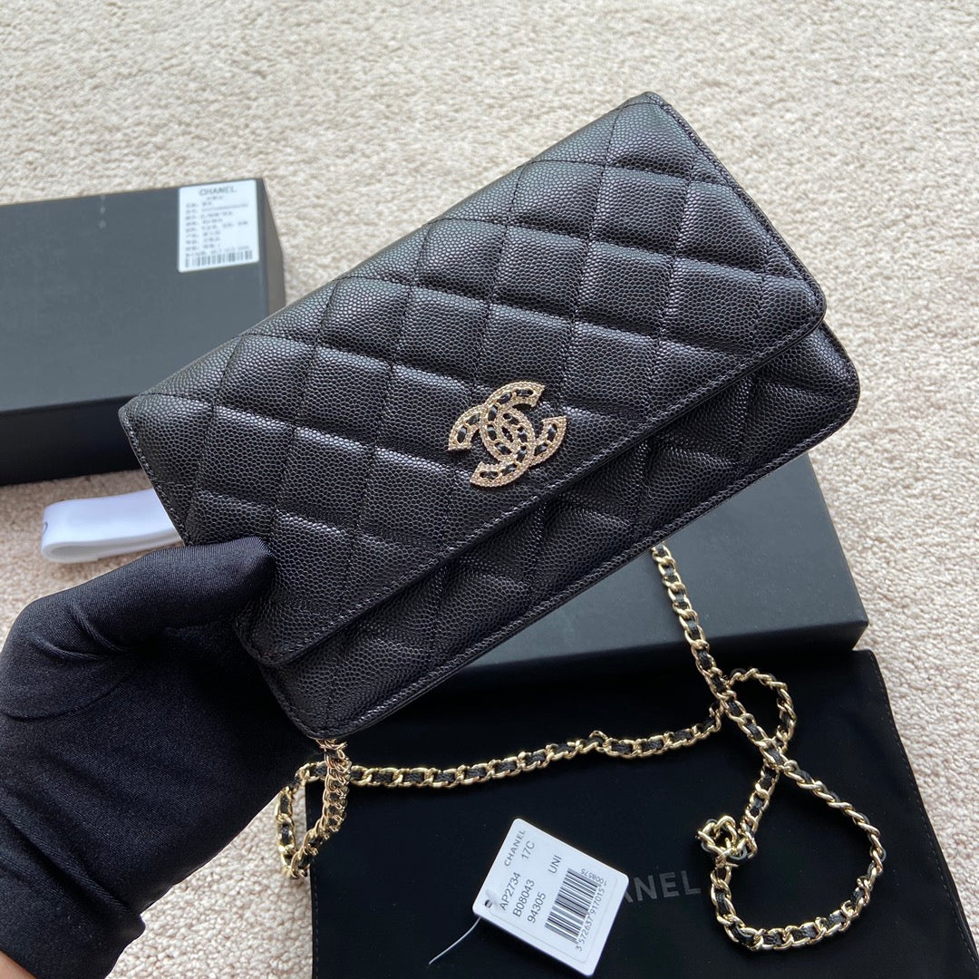 CC Classic Woc 20cm Black Grained Calfskin Diamond Gold Hardware mysite