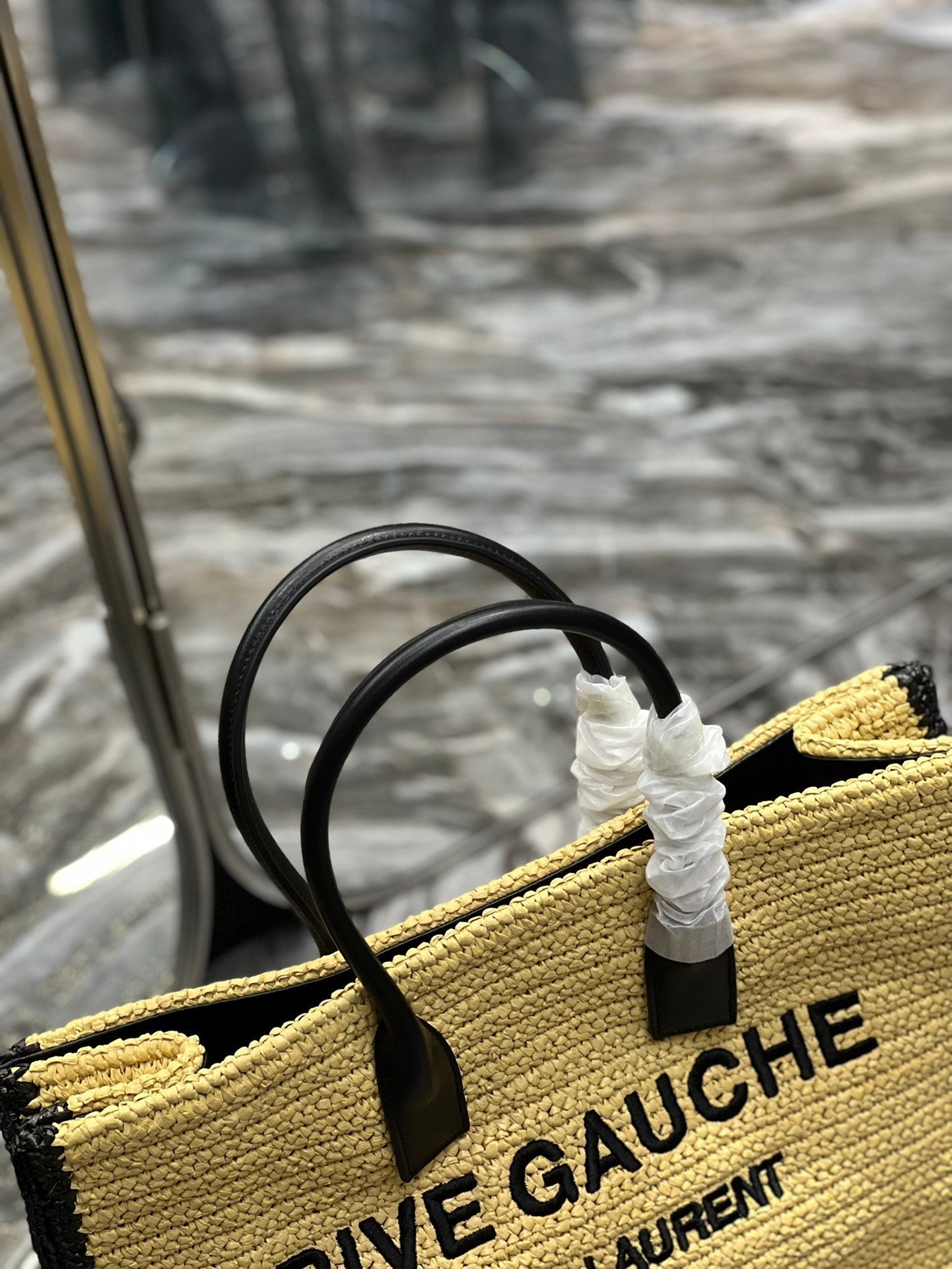 RIVE GAUCHE TOTE BAG 48 IN LIGHT YELLOW AND BLACK TRIM RAFFIA mysite