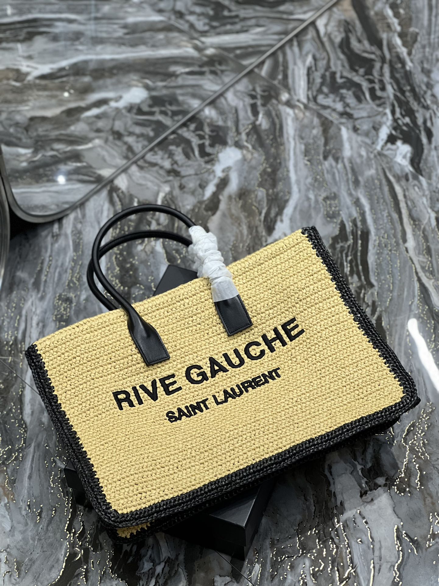 RIVE GAUCHE TOTE BAG 48 IN LIGHT YELLOW AND BLACK TRIM RAFFIA mysite