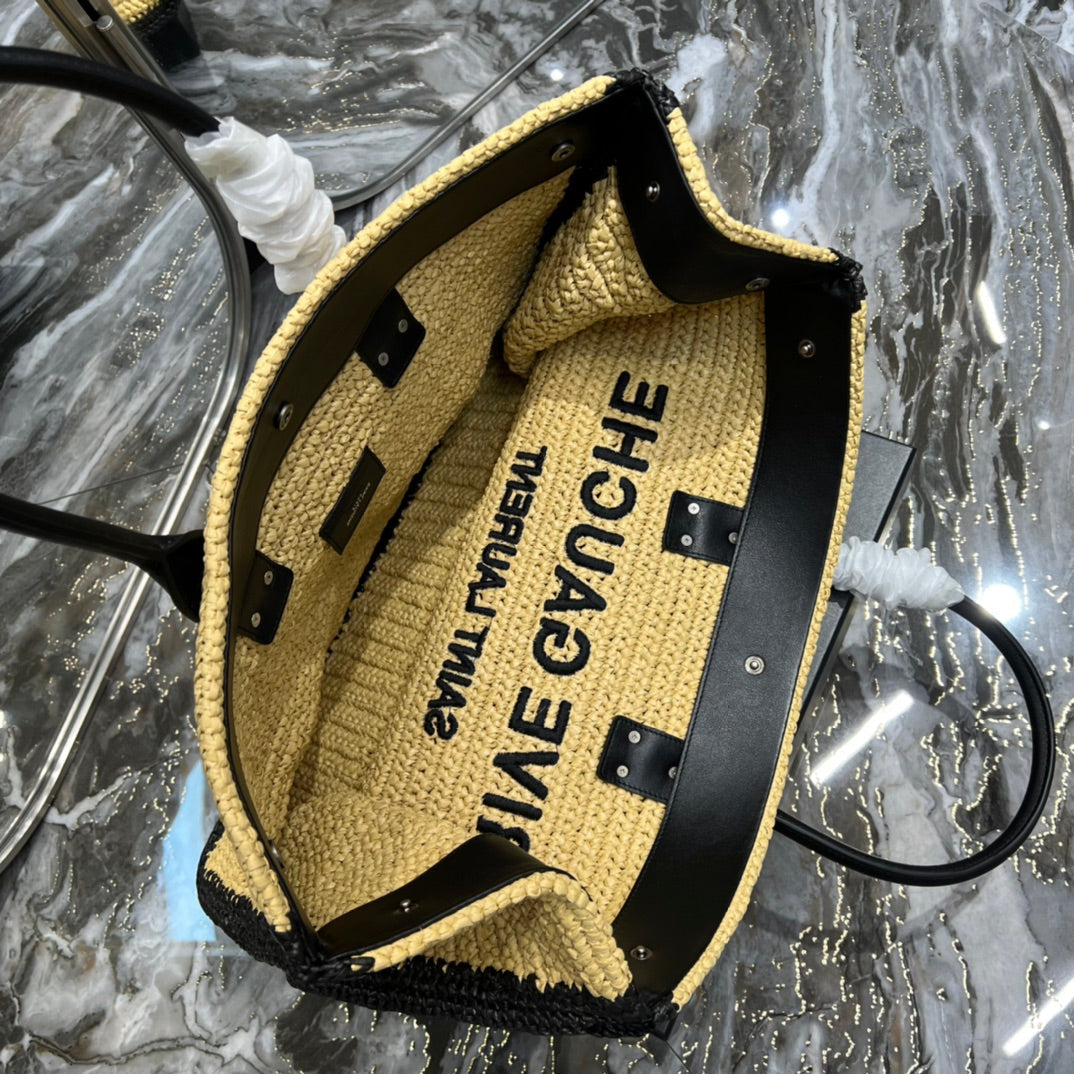 RIVE GAUCHE TOTE BAG 48 IN LIGHT YELLOW AND BLACK TRIM RAFFIA mysite
