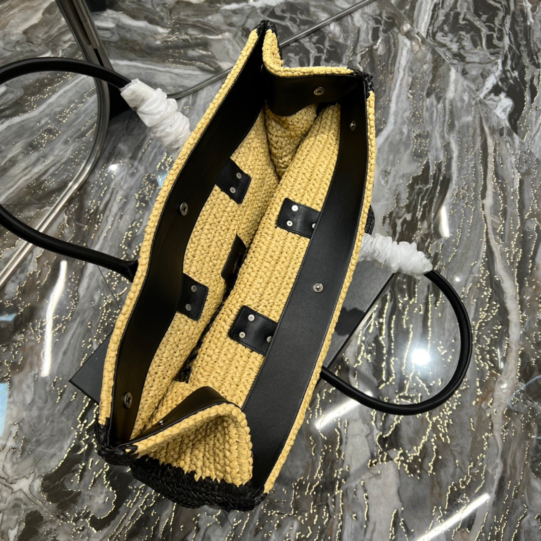 RIVE GAUCHE TOTE BAG 48 IN LIGHT YELLOW AND BLACK TRIM RAFFIA mysite