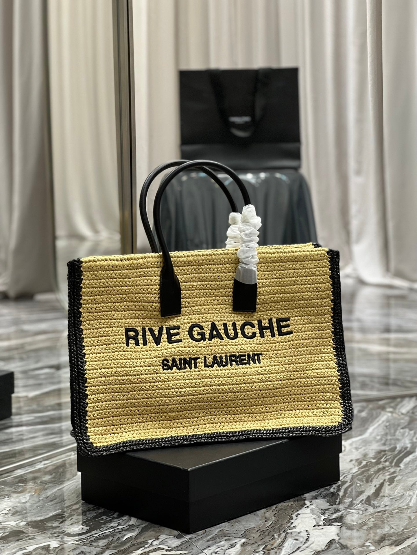 RIVE GAUCHE TOTE BAG 48 IN LIGHT YELLOW AND BLACK TRIM RAFFIA mysite