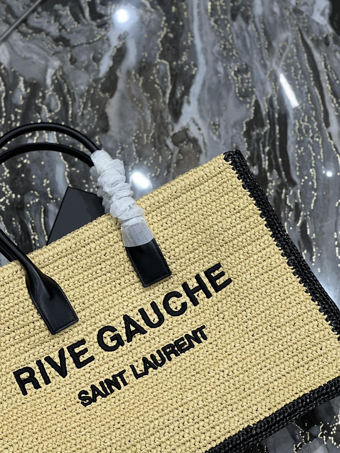 RIVE GAUCHE TOTE BAG 48 IN LIGHT YELLOW AND BLACK TRIM RAFFIA mysite