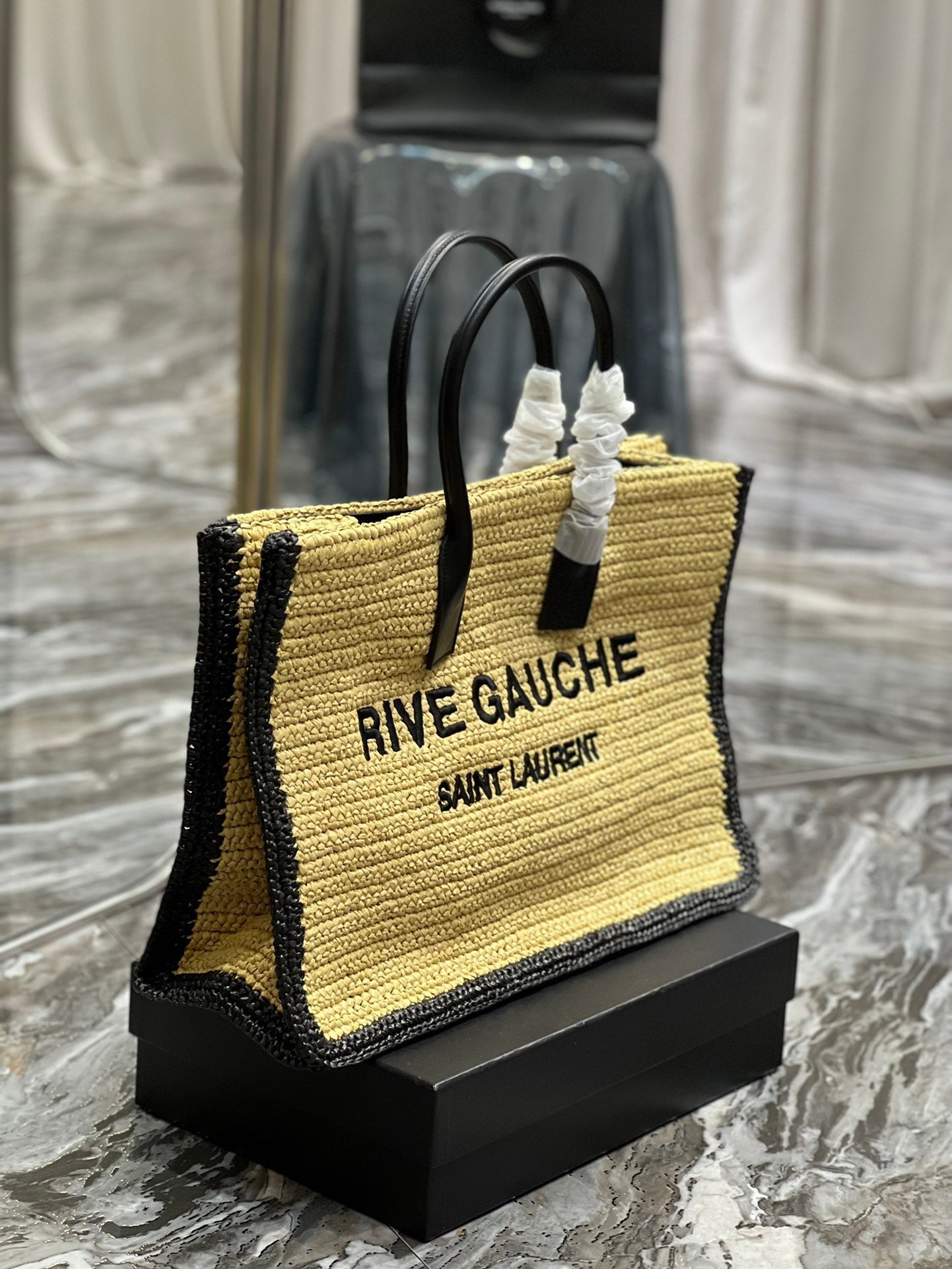 RIVE GAUCHE TOTE BAG 48 IN LIGHT YELLOW AND BLACK TRIM RAFFIA mysite