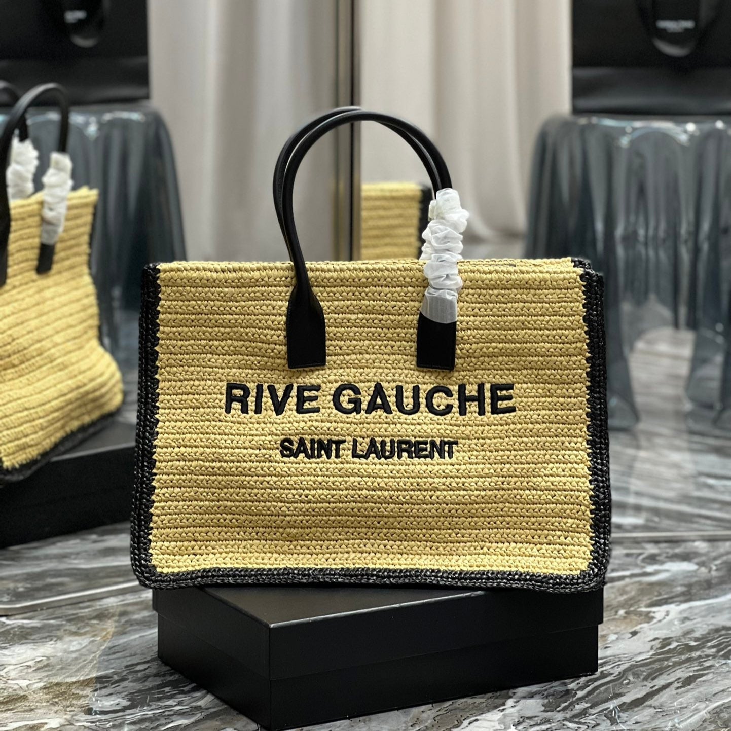 RIVE GAUCHE TOTE BAG 48 IN LIGHT YELLOW AND BLACK TRIM RAFFIA mysite