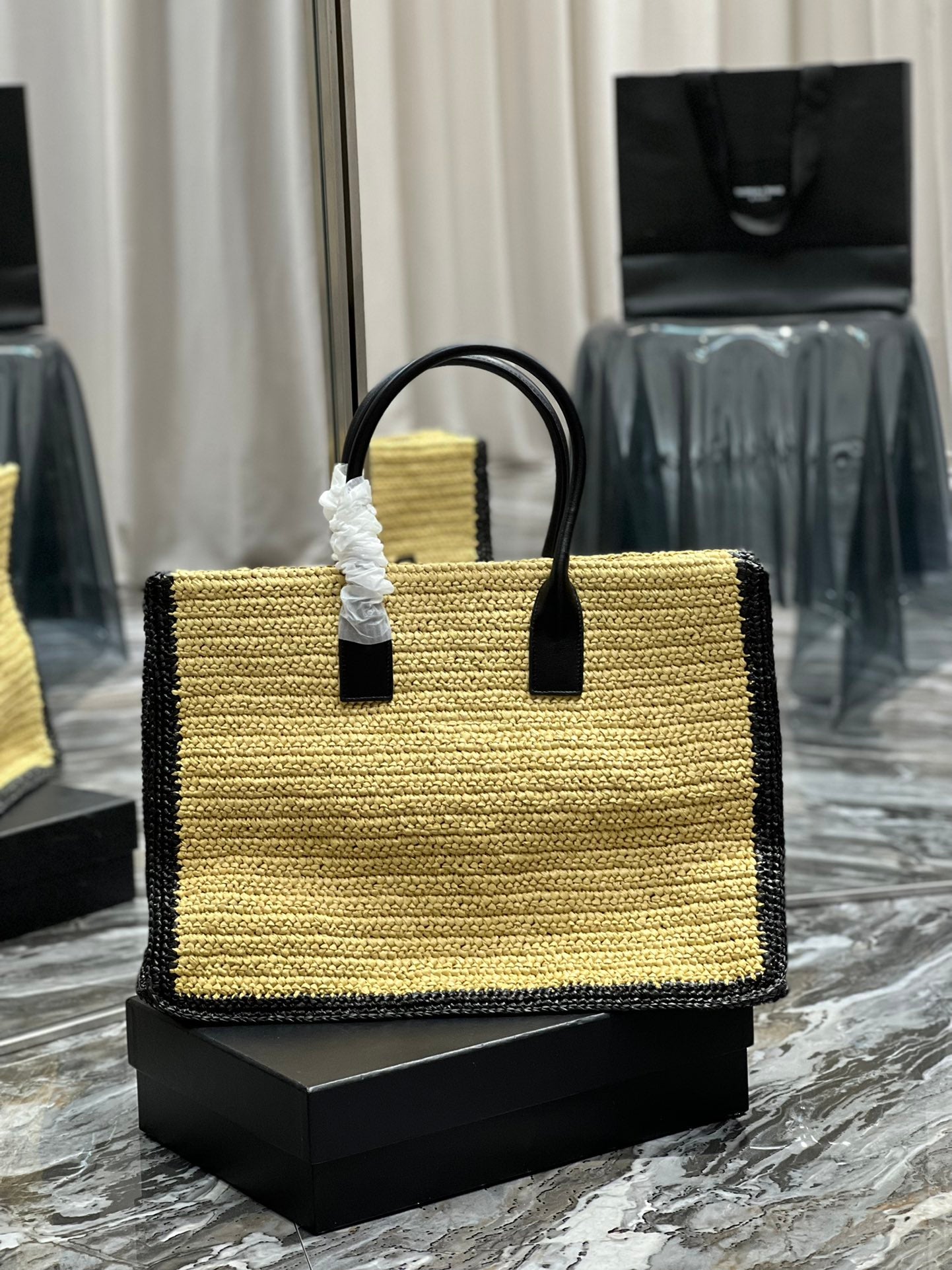 RIVE GAUCHE TOTE BAG 48 IN LIGHT YELLOW AND BLACK TRIM RAFFIA mysite