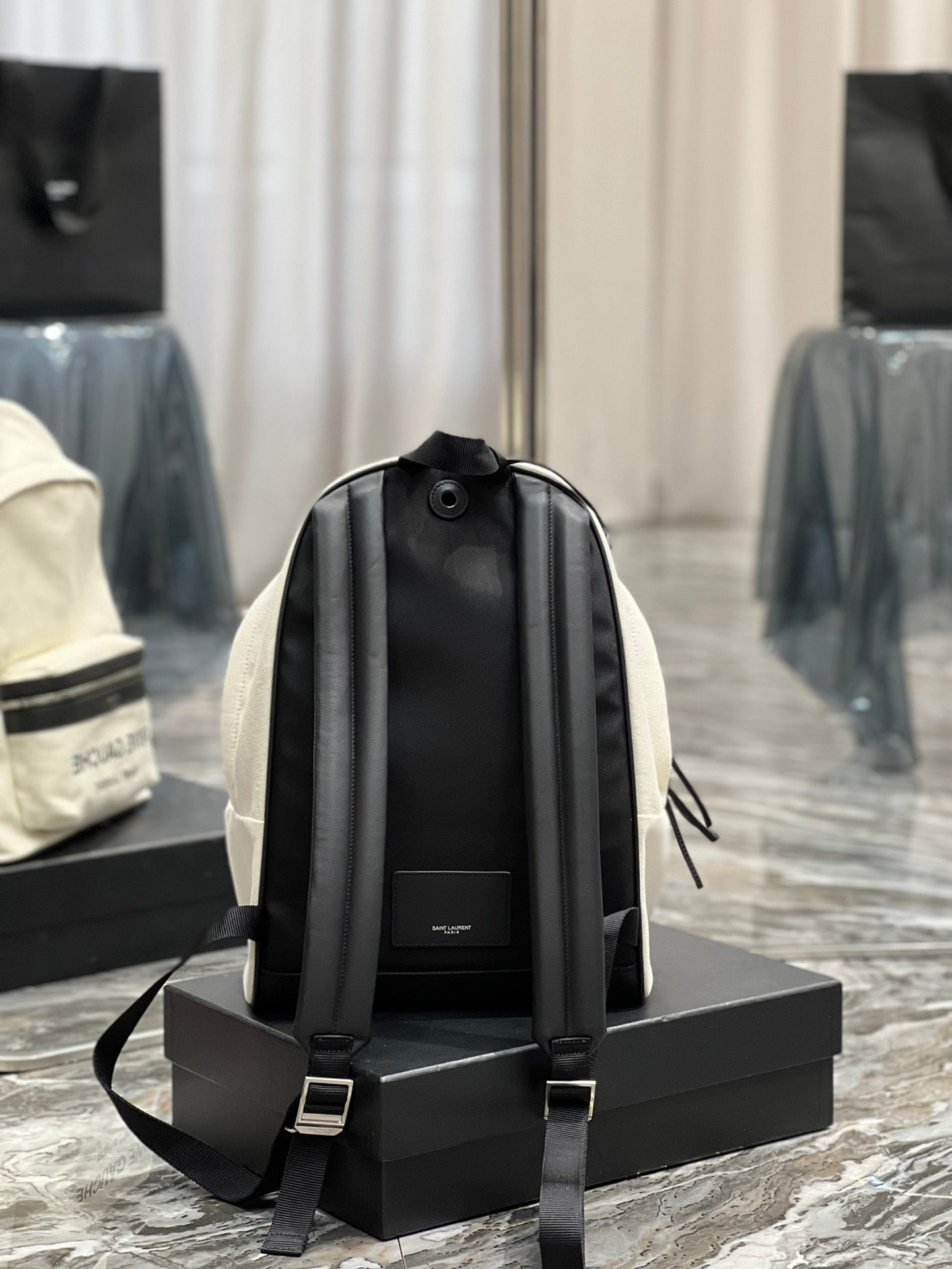 RIVE GAUCHE BACKPACK 35 IN WHITE CANVAS MIX BLACK CALFSKIN mysite