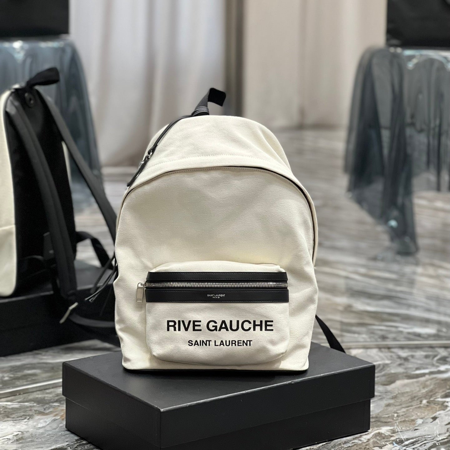 RIVE GAUCHE BACKPACK 35 IN WHITE CANVAS MIX BLACK CALFSKIN mysite